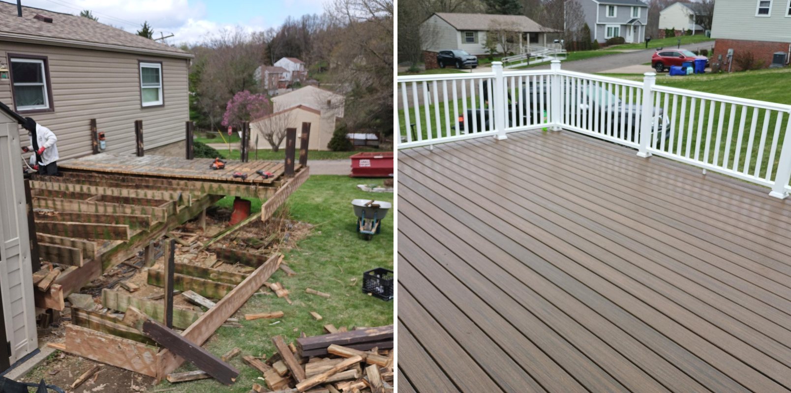 Deck rebuild by From The Ground Up Property Services: rotted joists and tear-out debris replaced with new composite boards and white vinyl railing