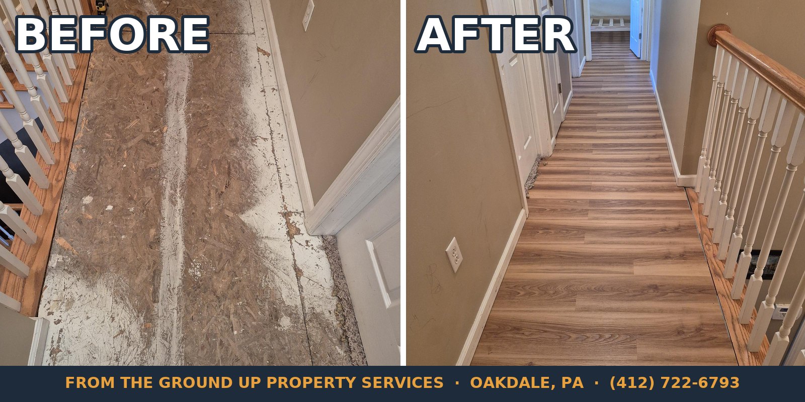 Flooring install: worn floor replaced with new wood-look plank flooring