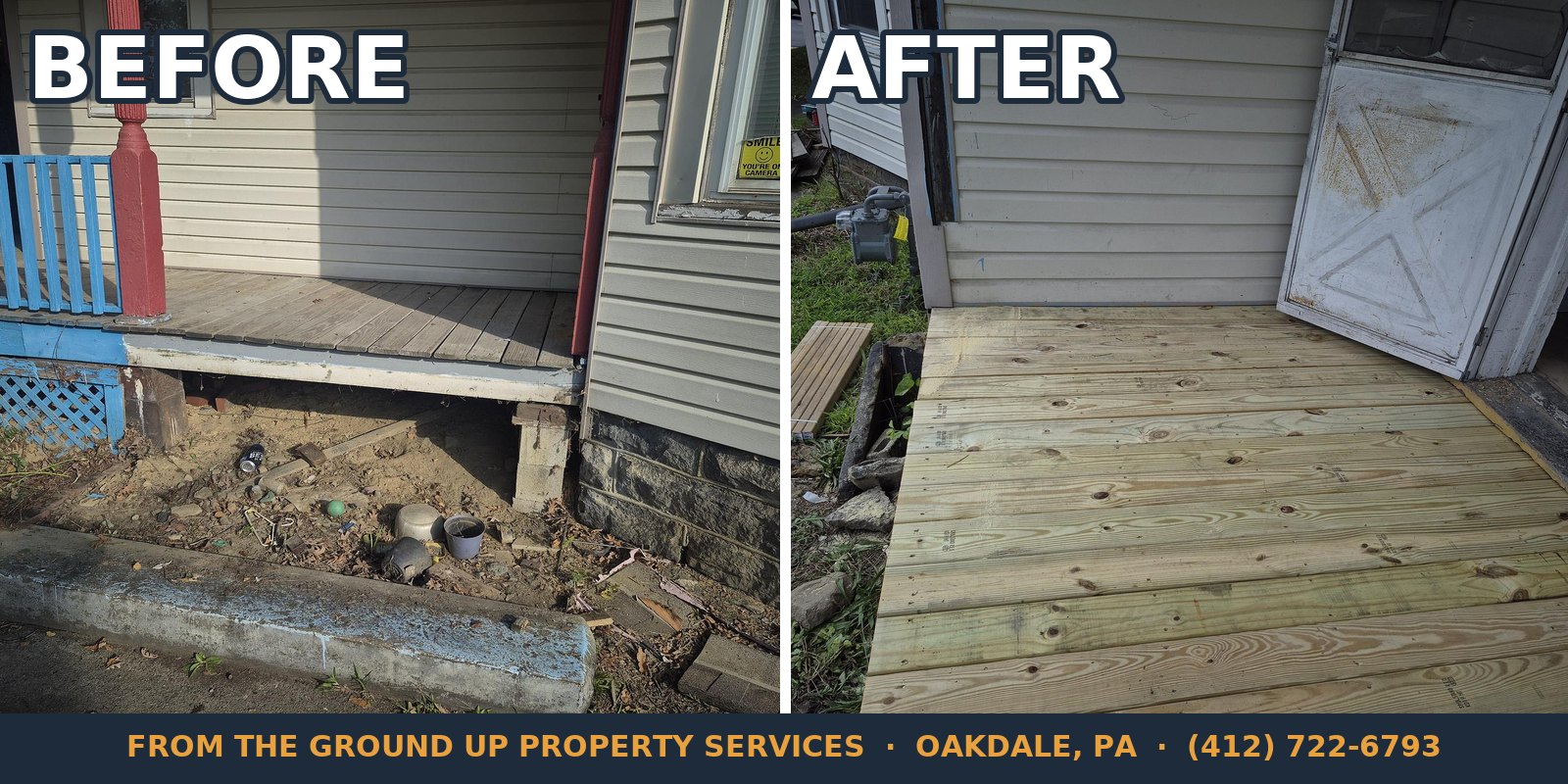 Porch rebuild by From The Ground Up Property Services: before with rotted boards and debris, after with fresh framing and boards